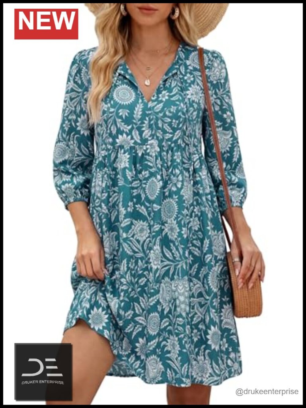 Women's Boho Babydoll Mini Dress Loose Fit A-Line Tie V-Neck 3/4 Sleeve